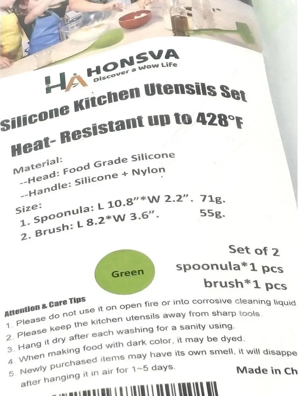 HONSVA Silicone Kitchen Utensil Set, New Green Brush & Spoonula, Cooking Utensil